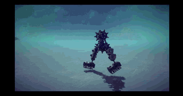 a robot with a shadow on the ground and a blue background