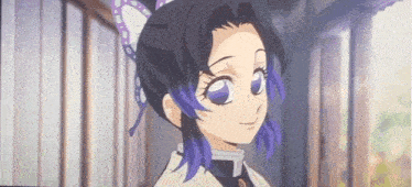 a close up of a cartoon character with purple hair and a butterfly hairstyle .