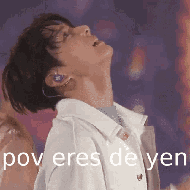 a close up of a person 's face with the words pov eres de yen written on the bottom