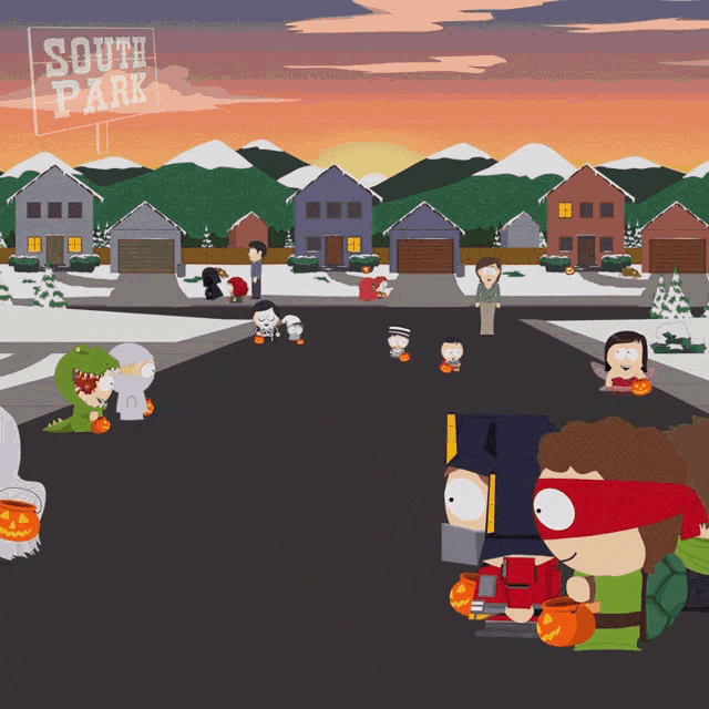 a cartoon scene from south park with a sign above it that says south park