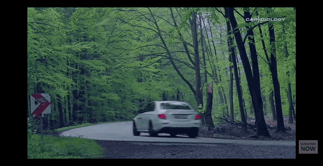 a car is driving down a road that is surrounded by trees and a subscribe now button