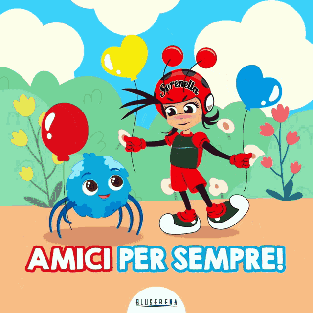 a cartoon of serenella and a spider with the words amici per sempre below them
