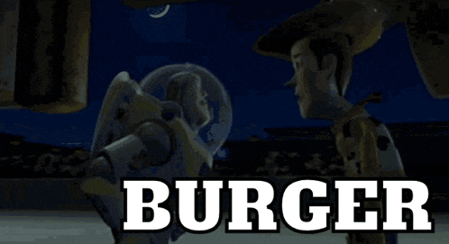 buzz lightyear from toy story is standing in front of a burger