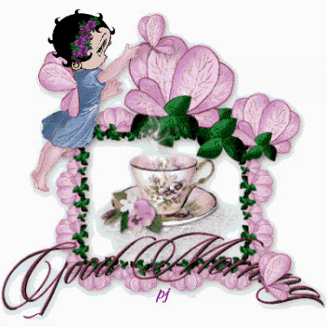 a picture of betty boop with a cup of tea and the words good morning