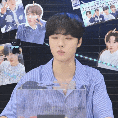 a boy in a blue shirt is surrounded by pictures with one that says dungeon tiny