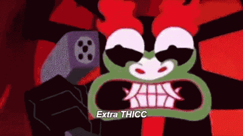 a cartoon character from samurai jack is holding a video game controller and says extra thicc .