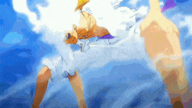 a cartoon drawing of a person with white hair and a blue sky behind them