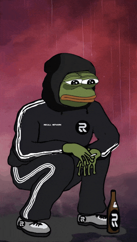 a frog wearing a black hoodie that says recall network on it