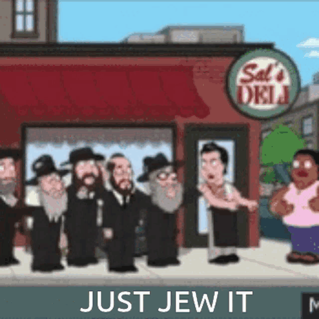 a cartoon of a group of jewish people standing outside a deli