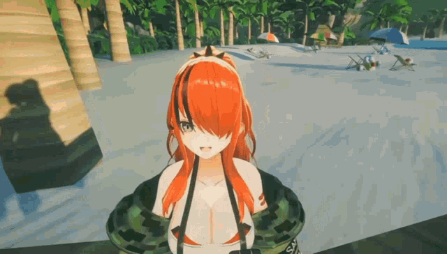 a girl with red hair is standing on a beach wearing a bikini top with the number 2 on it