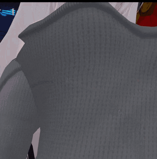 a girl with white hair and blue eyes is wearing a sweater