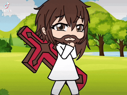 a cartoon of jesus holding a cross with tiktok written on the bottom right