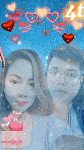a man and a woman are surrounded by hearts with the letter m above them