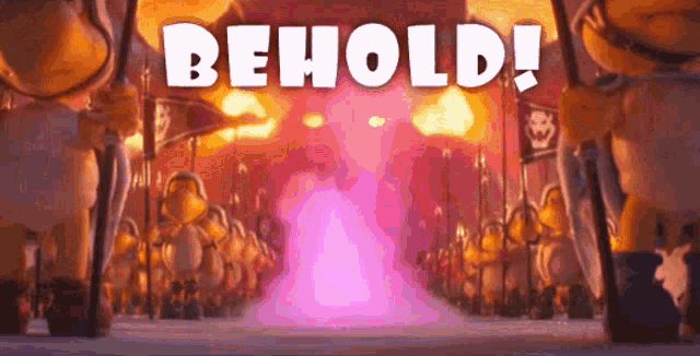 a group of cartoon characters standing in front of a sign that says " behold "