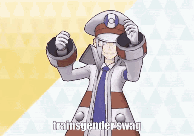a cartoon character giving a thumbs up with the words train gender swag written below him