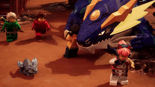 a group of lego ninjago characters standing around a blue dragon