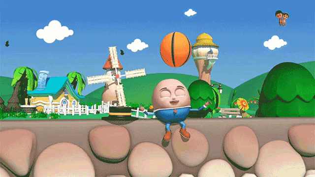 a cartoon character is balancing a basketball on his head