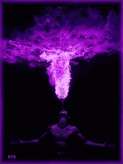 a man with his arms outstretched is surrounded by purple fire coming out of his mouth .