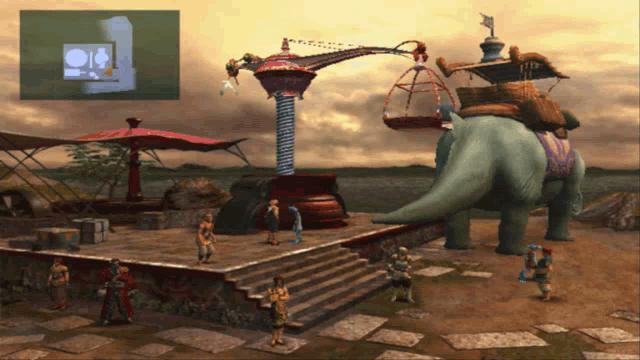 a group of people are standing around a large dinosaur