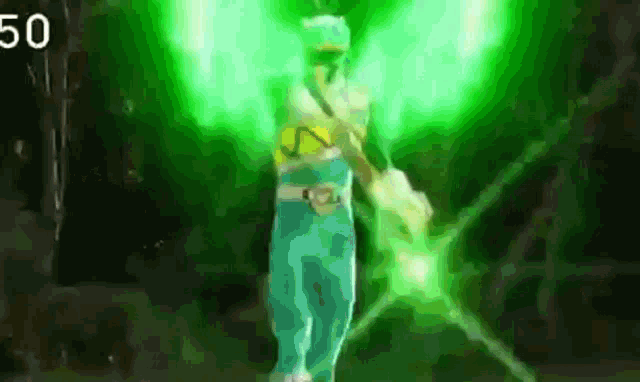 a green power ranger is standing in front of a green light