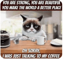 a grumpy cat sitting at a table with a cup of coffee