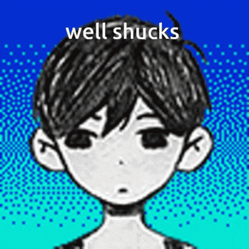 a black and white drawing of a boy with a blue background and the words `` well shucks '' written on it .