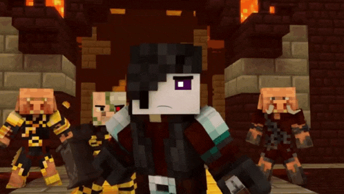 a group of minecraft characters are standing in front of a brick wall