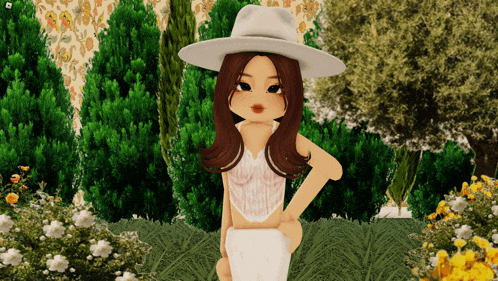 a girl wearing a white hat and a white dress stands in a garden