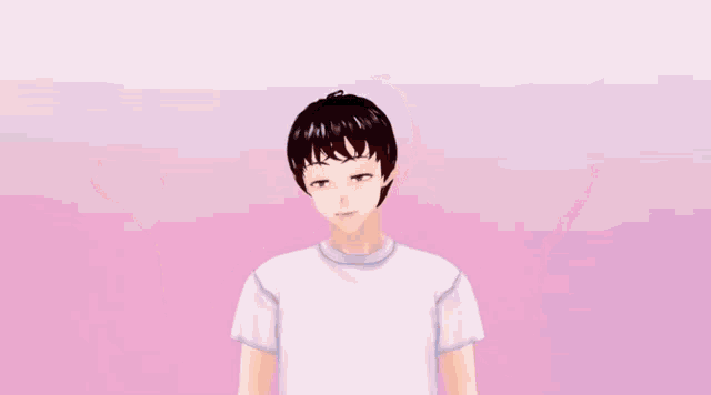 a man in a white shirt is flexing his muscles against a pink background .
