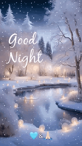 it is a good night greeting card with a snowy forest and a lake .