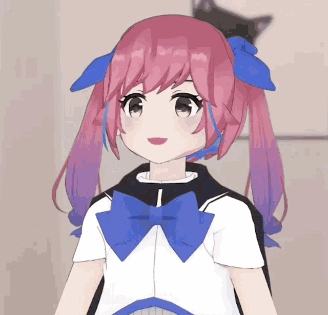 a girl with pink hair and blue bows on her hair