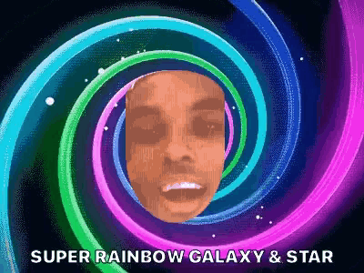 a colorful swirl with the words super rainbow galaxy and star