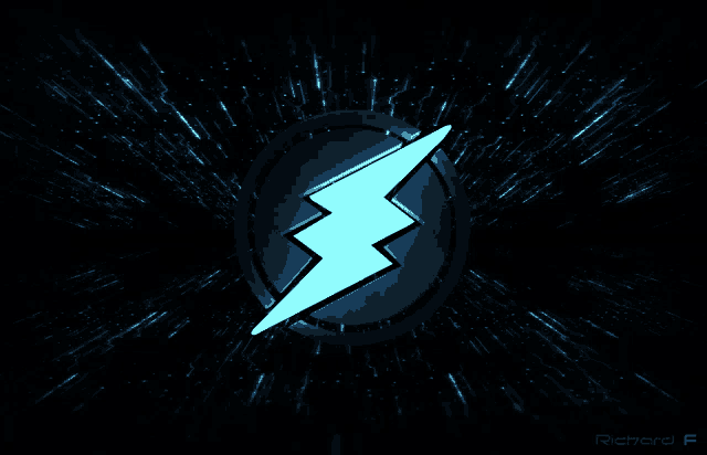 a blue lightning bolt in a black circle with a richard f logo below it