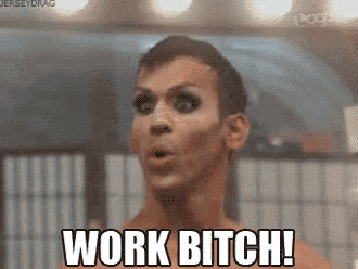 a man with makeup on his face is saying work bitch .