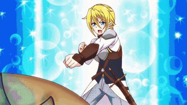 a girl with blonde hair is holding a sword in her hand