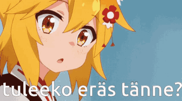 a picture of a girl with a flower in her hair and the words tuleeko eras tanne on the bottom