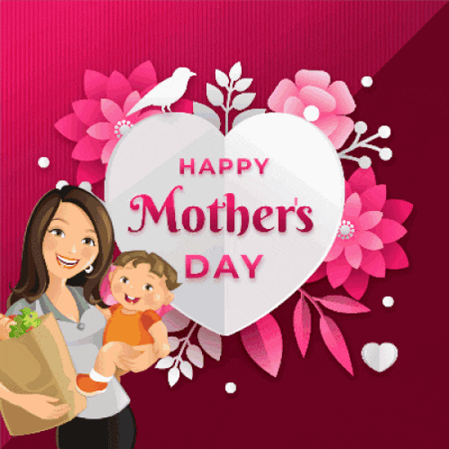 a woman holding a child in front of a heart that says happy mother 's day