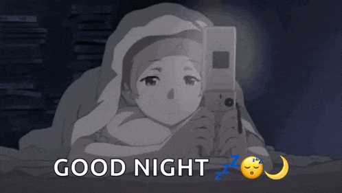 a cartoon of a girl wrapped in a blanket looking at a cell phone with the words " good night " above her