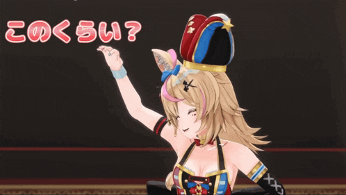 a girl in a jester hat is waving her hand