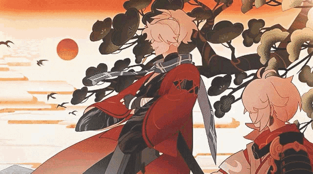 a couple of anime characters are standing under a tree
