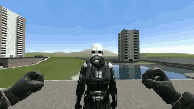 a man in a gas mask is standing in front of a body of water