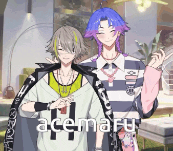 a couple of anime characters standing next to each other with acemaru written on the bottom of the image