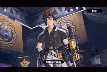 a video game character named anton ivanov stands in a room