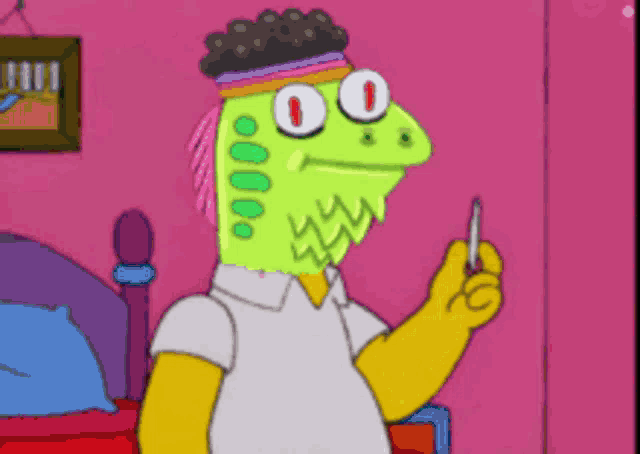a cartoon character with a lizard head is holding a lighter and lipstick