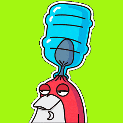 a bird with a water bottle on its head
