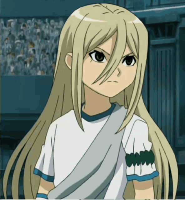 a cartoon character with long blonde hair is wearing a white and blue shirt