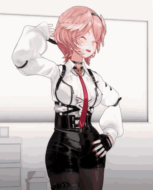 a girl in a white shirt and black shorts has a red tie around her neck