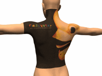 a person with their back painted with the word fresh water