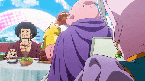 a group of cartoon characters are sitting at a table eating