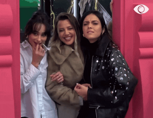 three women are posing for a picture in a pink room